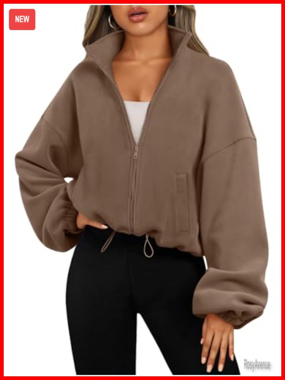 Oversized Cropped Fleece Zip Up Sweatshirt Jacket Polyester Y2K